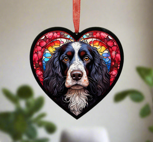 Cocker Spaniel Black & White Stained Glass Effect Heart Suncatcher